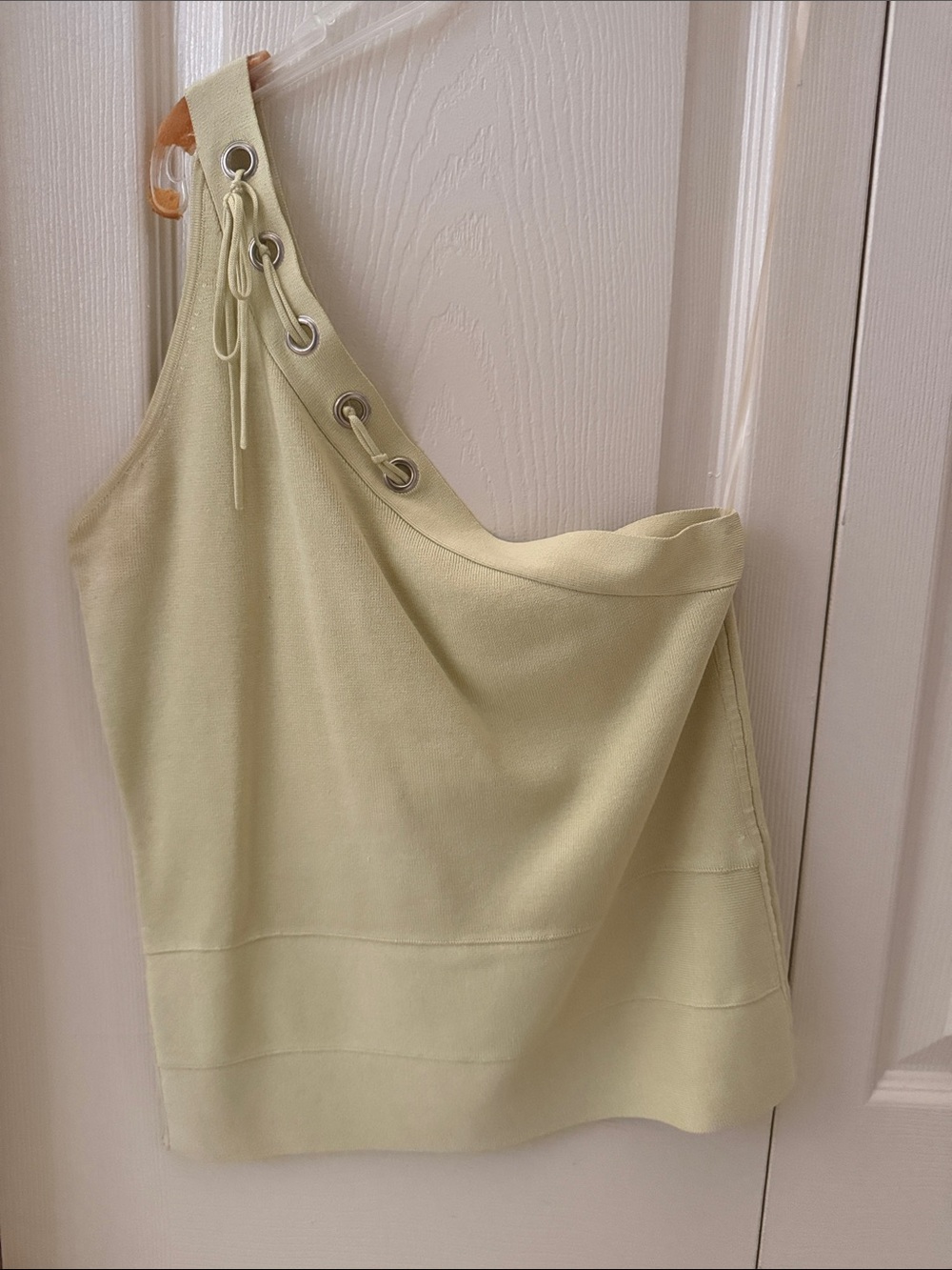 Cache One-Shoulder Pale Lemon Dress with Silver Eyelet Detail
